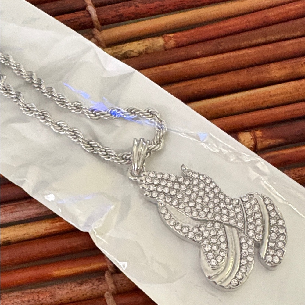 Silver Prayer Hands Crystal Pendant Necklace NWT